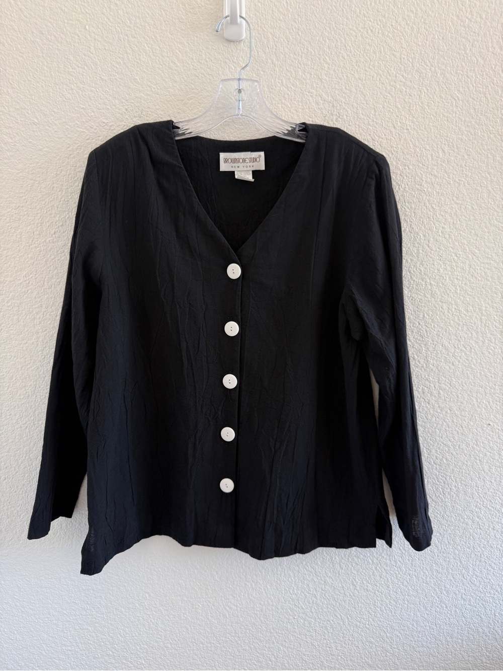 Brownstone Studio Vintage Black Button-Front V-Neck Top White Contrast Buttons